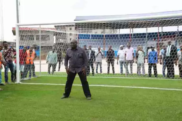 Governor Ikpeazu Turns Goalkeeper, Dives To Make Football Save (Photos)